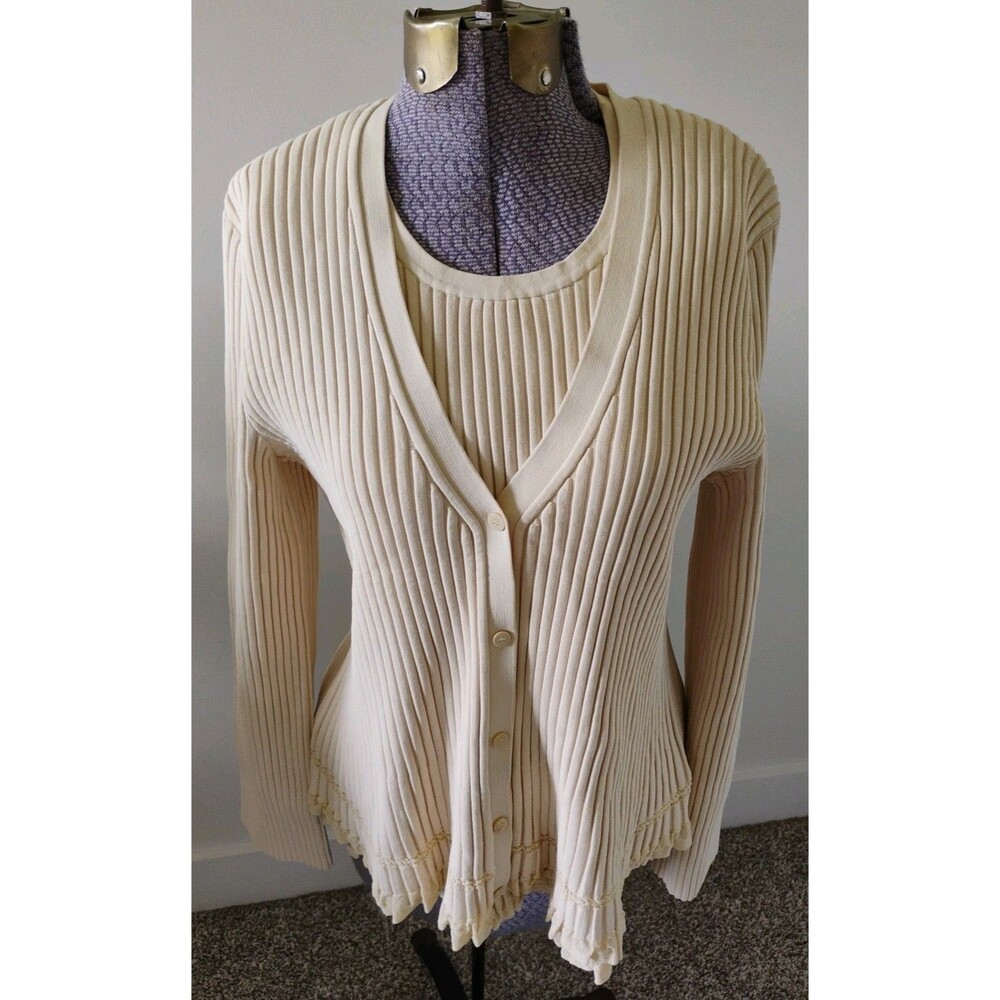 Theory Women's Cream Beige Sweater Set Cardigan Tank Rayon Textured L Gorgeous